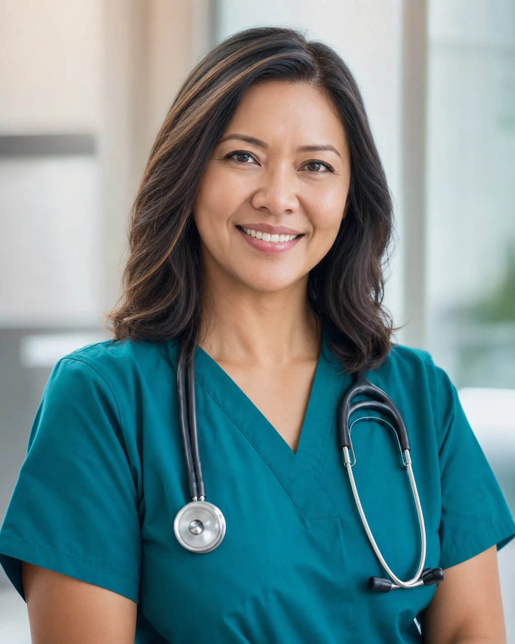 Dr. Amara Osei, a board-certified neurologist, smiling warmly in teal scrubs with a stethoscope around her neck