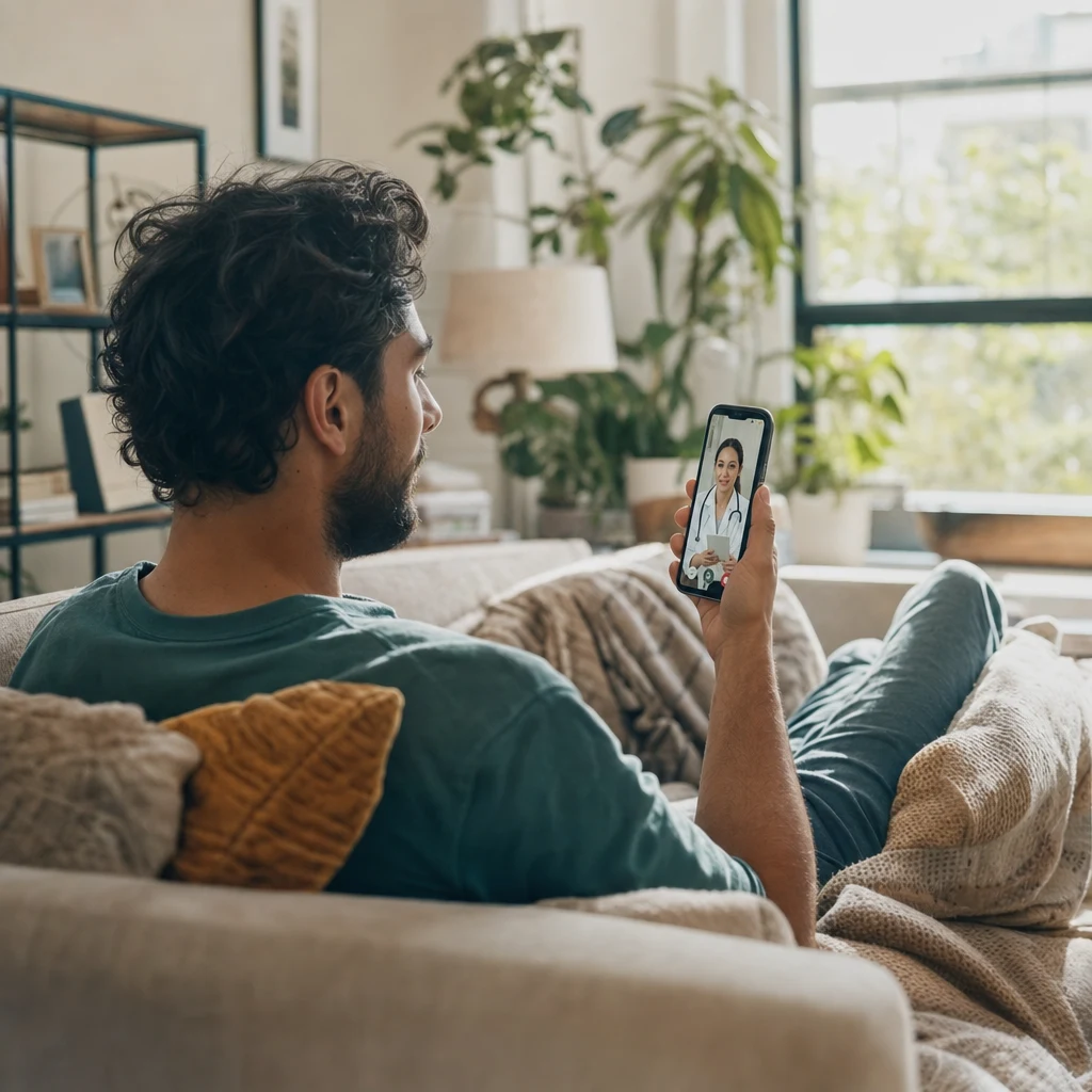 A young man relaxing on his sofa at home, smiling during a telehealth video call with his Curalink doctor