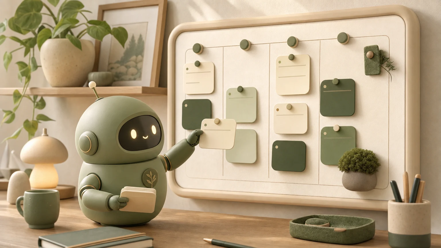 3D scene of Otto the sage-green robot pinning and organizing kanban cards on a corkboard
