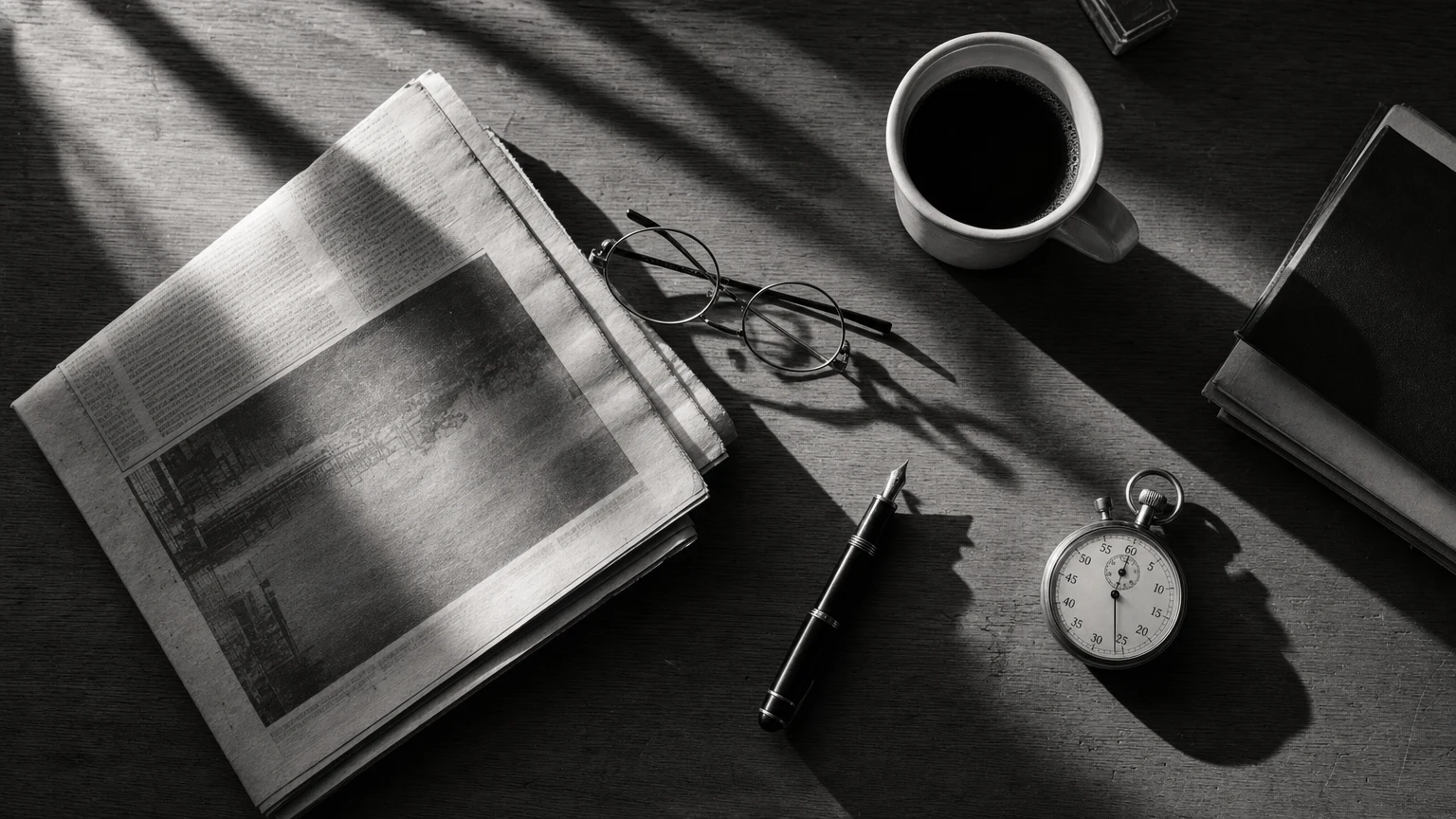 Overhead black-and-white photograph of a tidy desk: a folded broadsheet newspaper beside a cup of coffee — the morning's record, already filed.