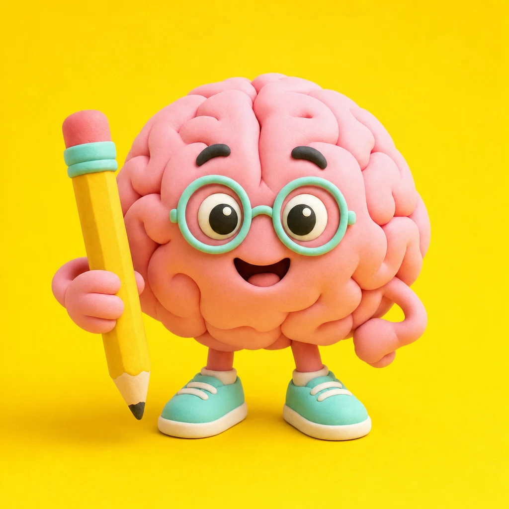 Recall's mascot: a smiling clay brain wearing round glasses