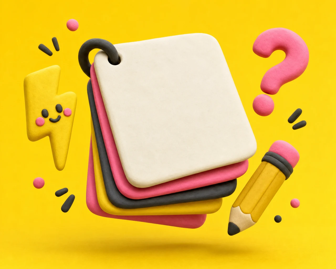 A playful 3D clay-style stack of yellow flashcards on a bright yellow background, with a pink question-mark card on top