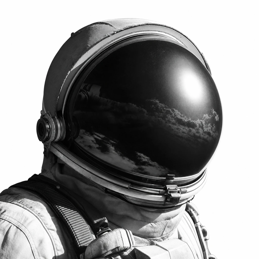 An astronaut mid-drift, treated as high-contrast duotone print.
