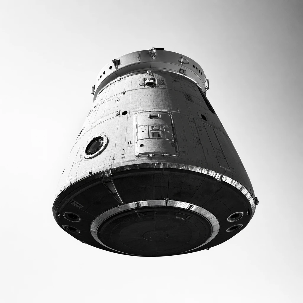 A single sealed space capsule module isolated against a bright sky, treated as high-contrast duotone print.