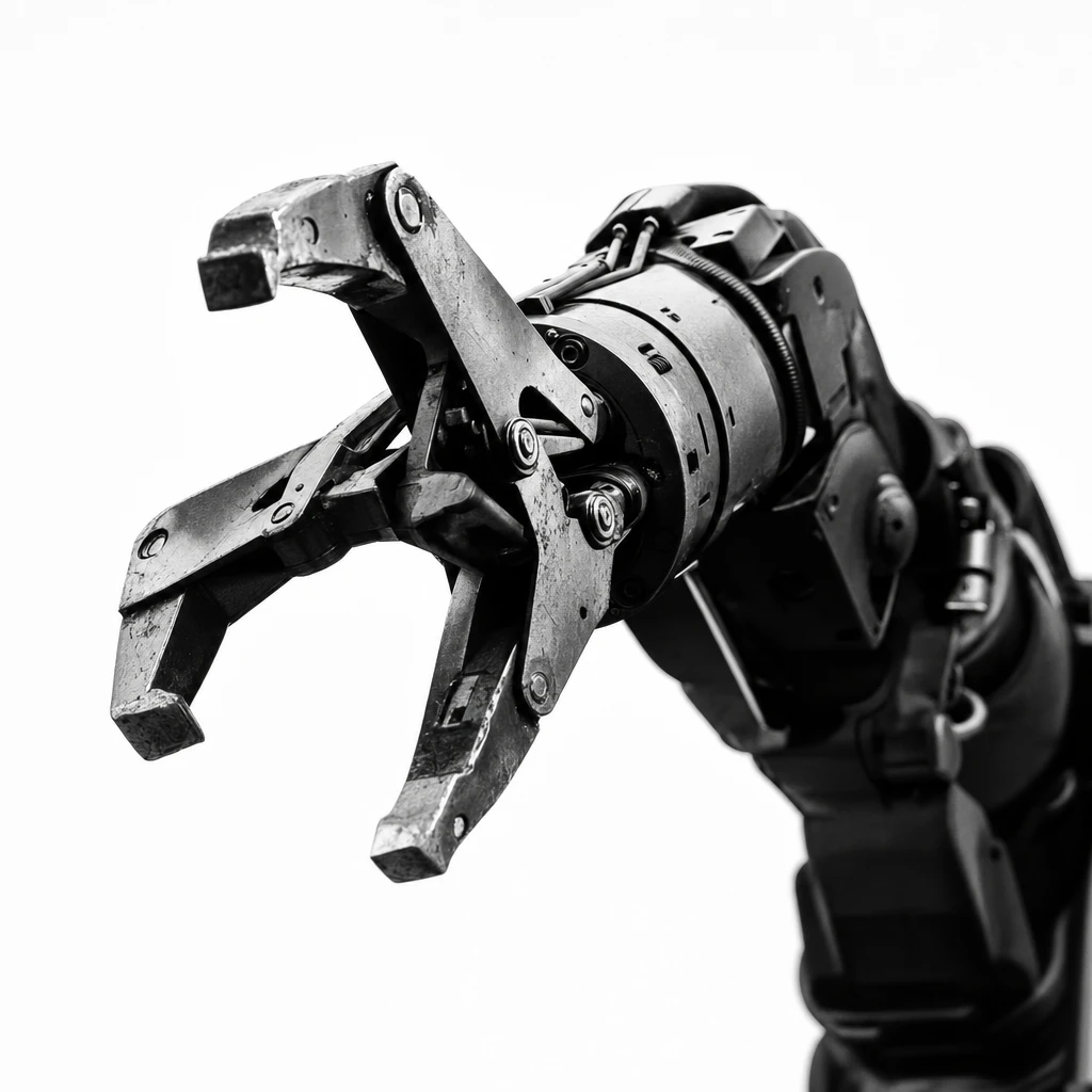A robotic claw in close detail, treated as high-contrast duotone print.