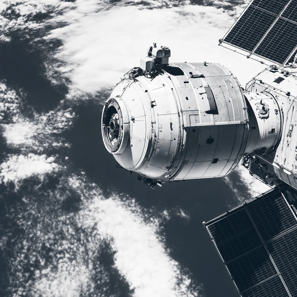 A bright orbital station interior, treated as high-contrast duotone print.