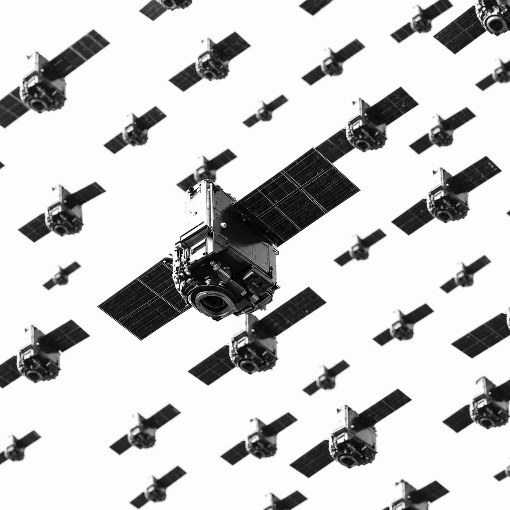 A swarm of many identical satellites in formation, treated as high-contrast duotone print.