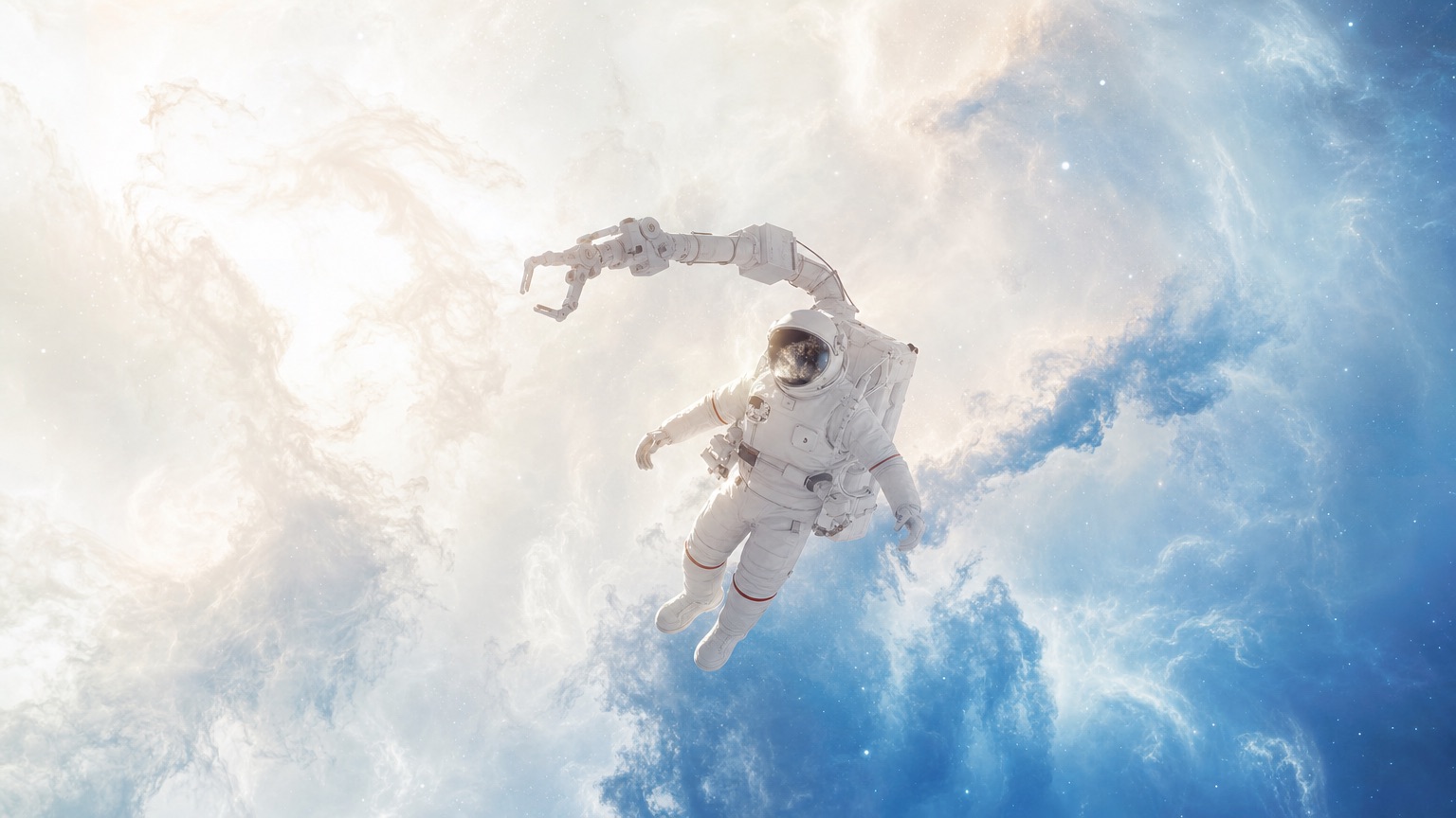 An astronaut with a robotic claw drifting through a bright nebula.