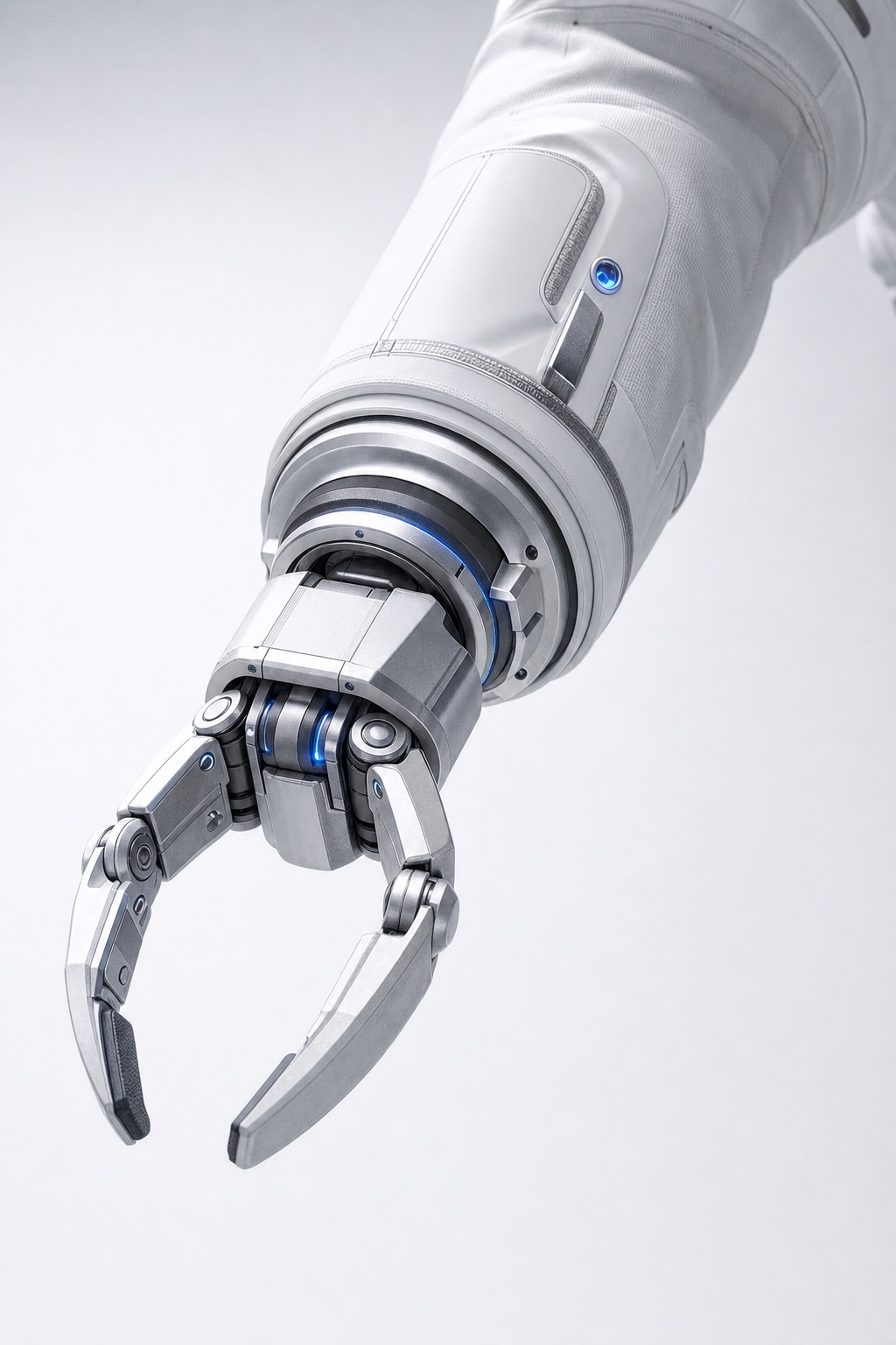 Close-up of the articulated robotic claw gripper mounted on the forearm of a chrome spacesuit