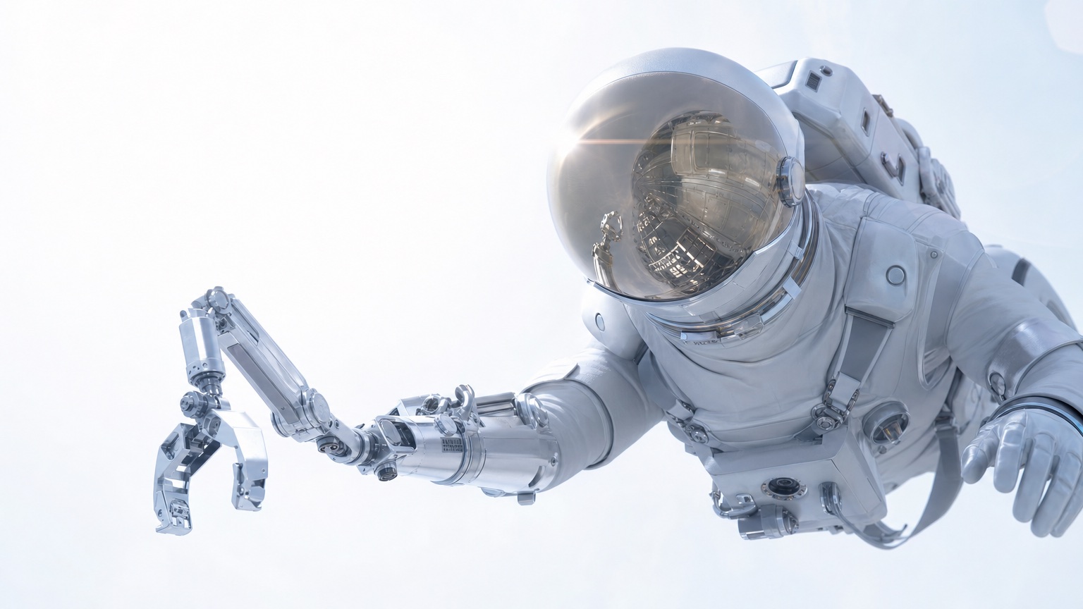 Astronaut in a white and chrome spacesuit operating an articulated robotic claw arm against a bright high-key background