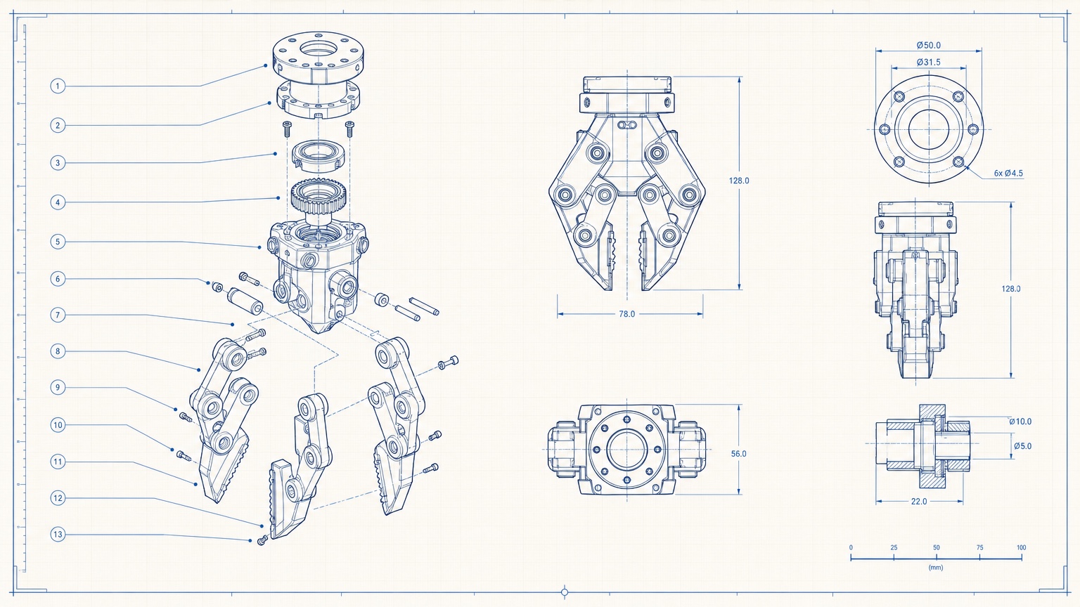 Exploded-view engineering blueprint of the SpaceClaw robotic gripper, annotated with part numbers and measurements