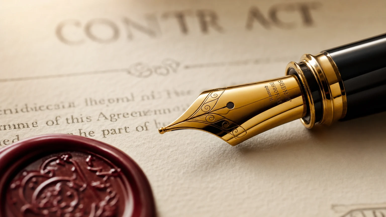 Macro photograph of a gold fountain pen nib resting on ivory paper, with soft oxblood accents