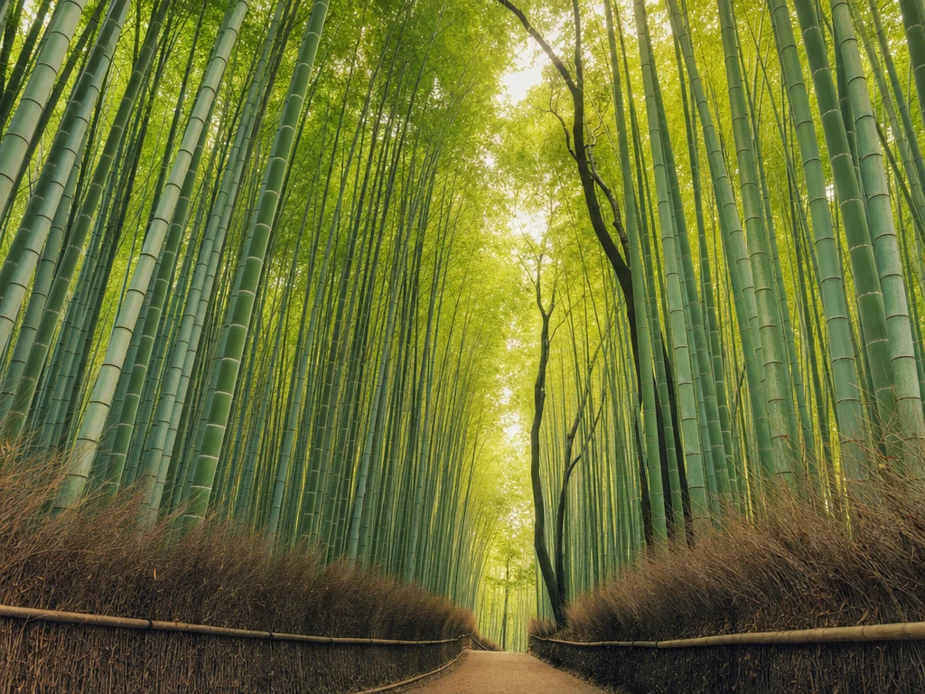 Sunlit path through the Arashiyama bamboo grove