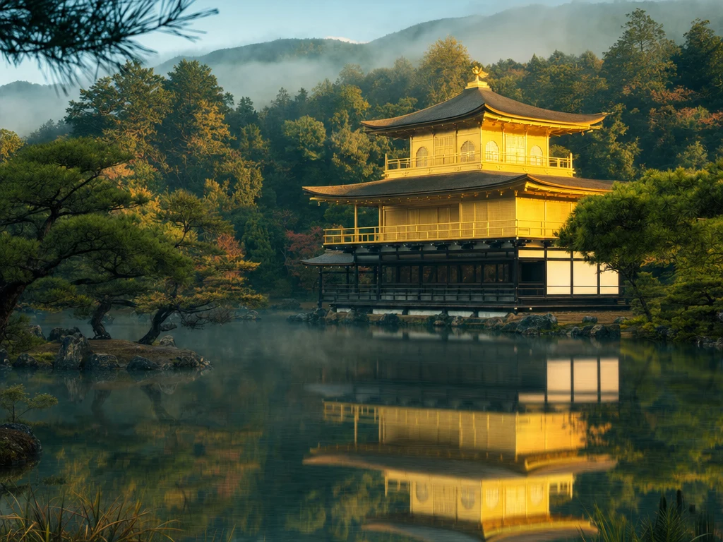 Golden temple pavilion by a misty lake in Kyoto